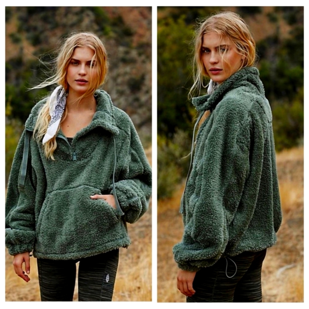 Free People Big Sky Furry High-Neck Forest Green Sweater Pullover Top M